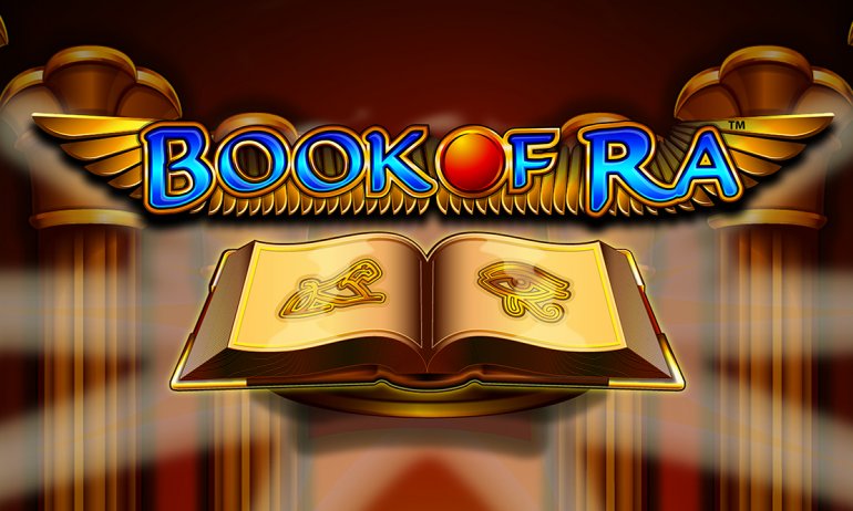 Book of Ra Slot-Logo mit goldenen Flügeln über einem leuchtenden offenen Buch mit dem Auge des Horus, altägyptischer Tempelhintergrund